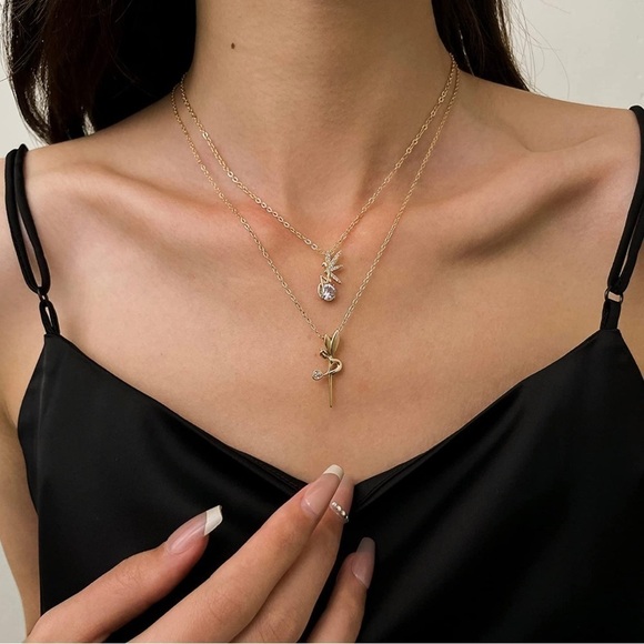 GOLD 14k Gold Plated 2pc Fairy CZ Necklace Set - Picture 1 of 4